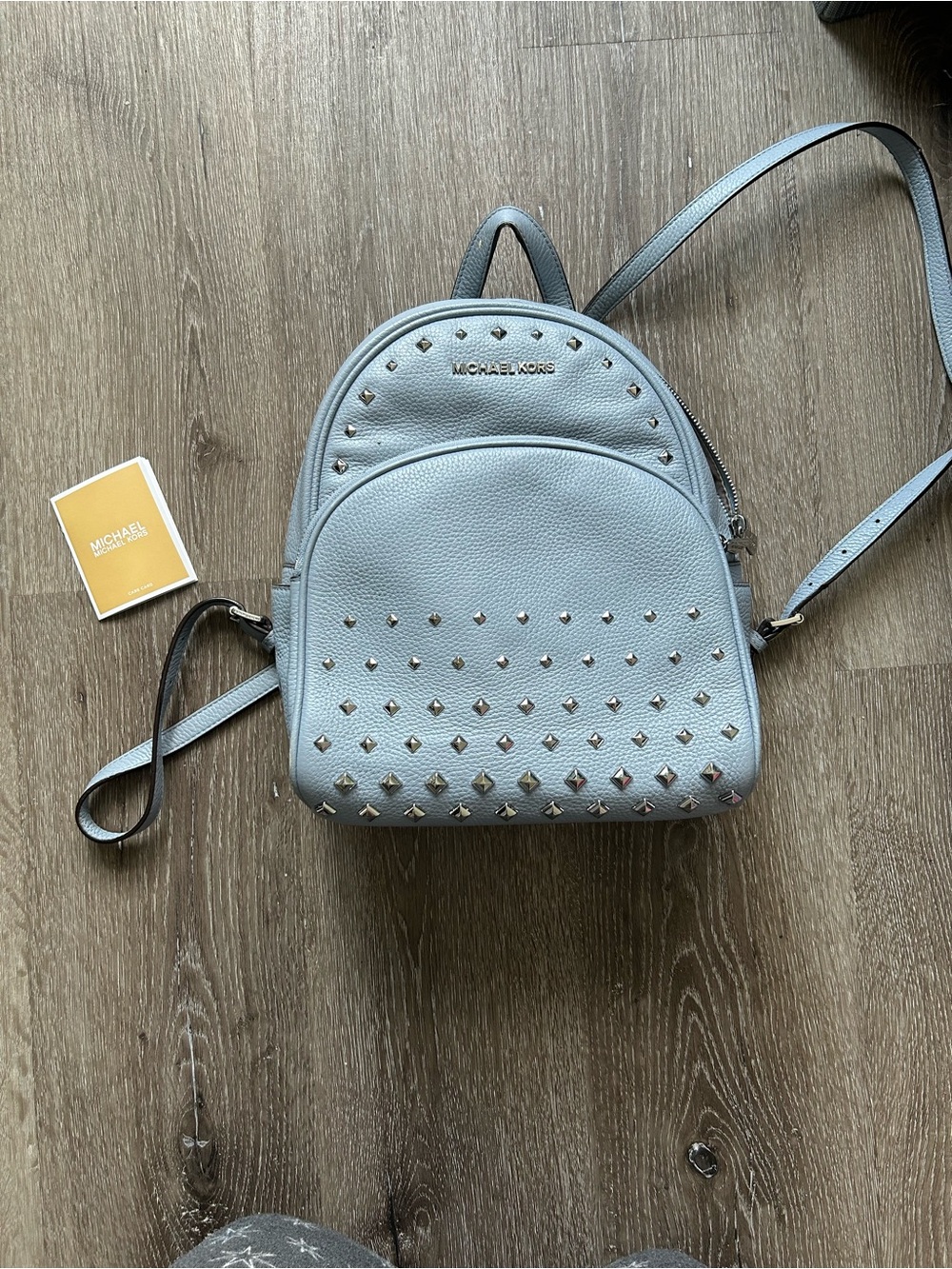 Michael Kors Light Blue Pebbled Leather Studded Mini Backpack - Picture 1 of 6